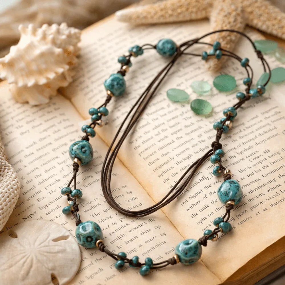 Bohemian Ceramic Beaded Long Necklace | Ethnic Vintage Style Beaded Long Necklace PLUSH