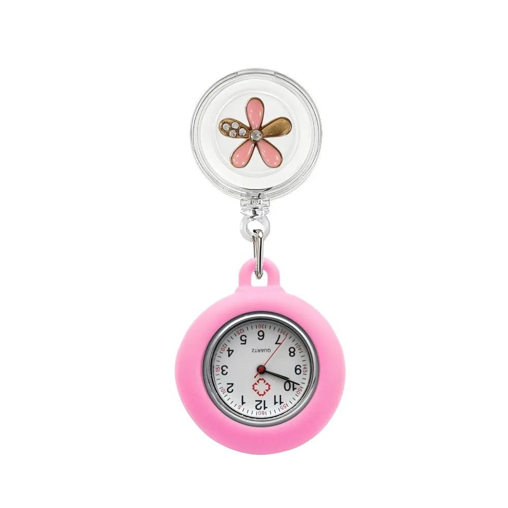 Retractable Nurse Fob Watch – Floral Badge Reel Pocket Watch Nurse Fob Watch PLUSH Pink gold diamond