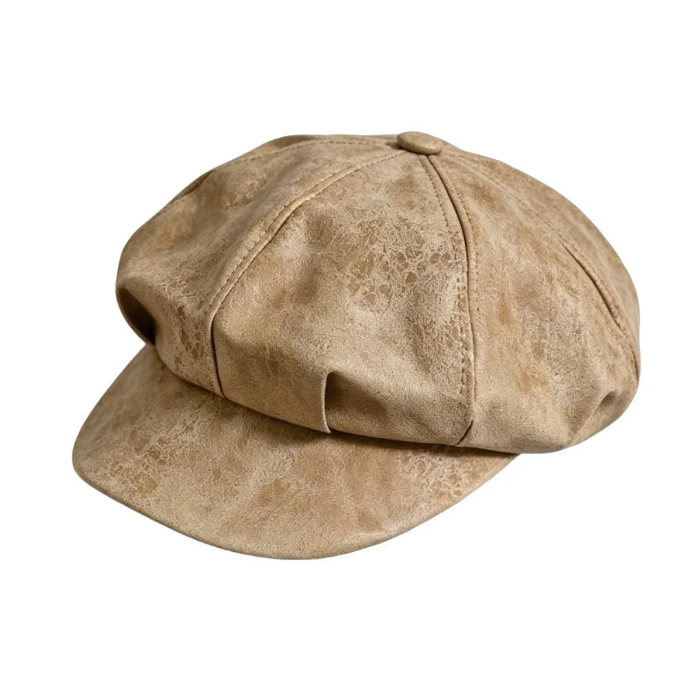 Women's PU Leather Beret Newsboy Cap – British Style Hat Women's Beret Cap PLUSH Beige