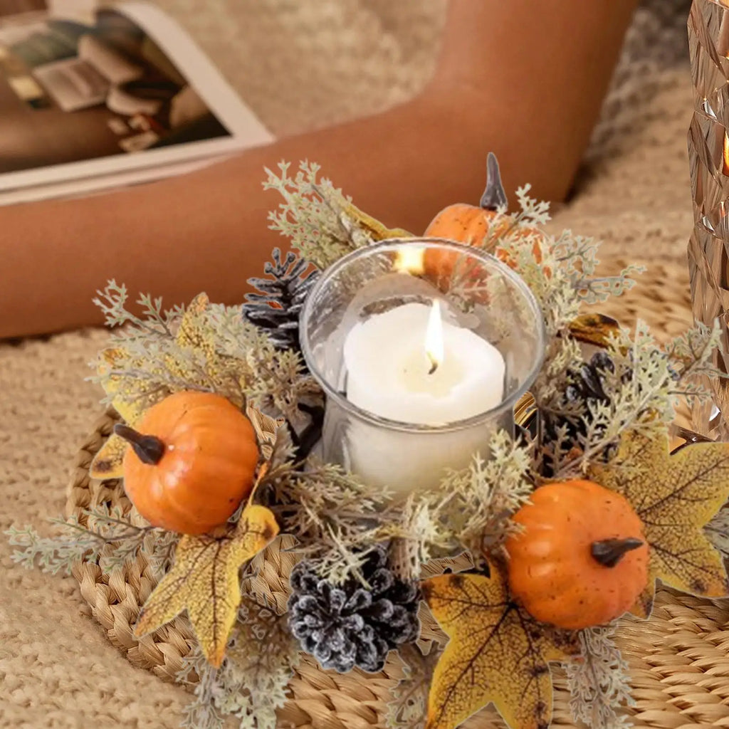 Fall Candle Ring Wreath – Maple Leaves & Pine Cones Décor Candle Ring Wreath PLUSH