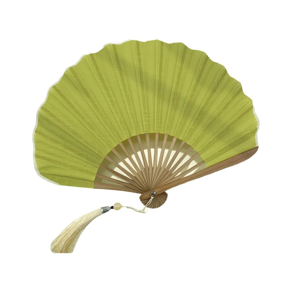 Shell-Shaped Folding Hand Fan – Bamboo Frame & Tassel Folding Hand Fan PLUSH Yellow