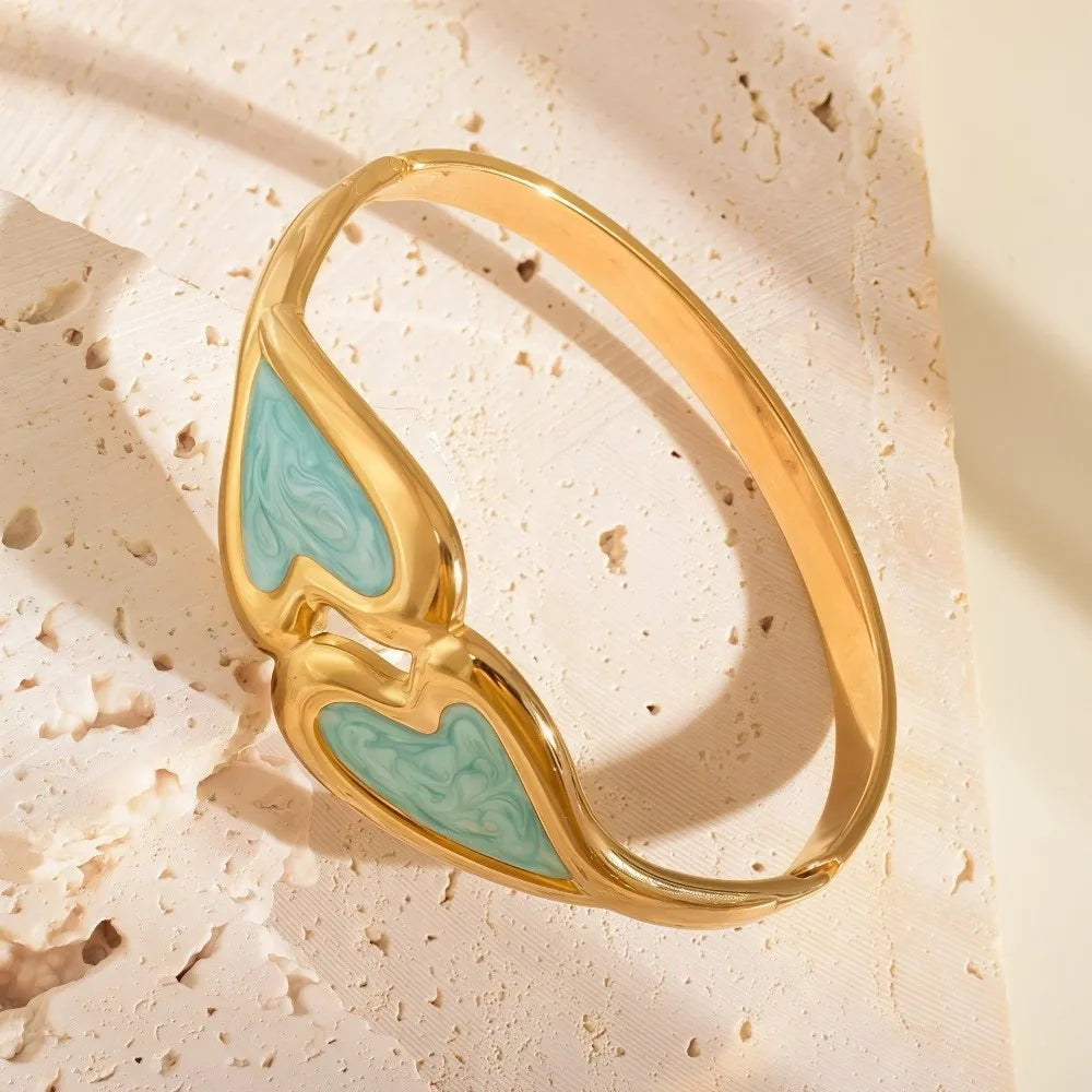 Heart Shape Enamel Bangle Bracelet – Cloisonné Flower Design Enamel Bangle Bracelet PLUSH Green