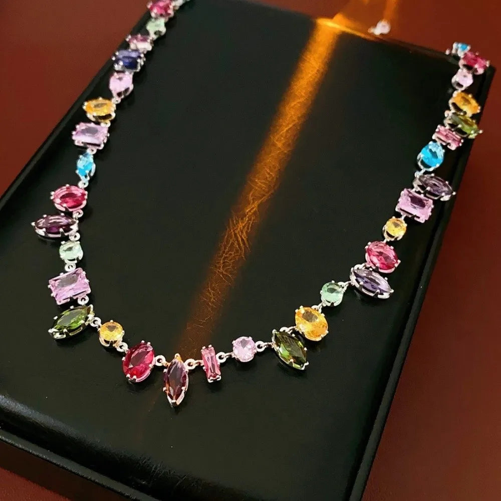 Colorful Zircon Crystal Necklace Bracelet & Earrings Set Crystal Jewelry Set PLUSH