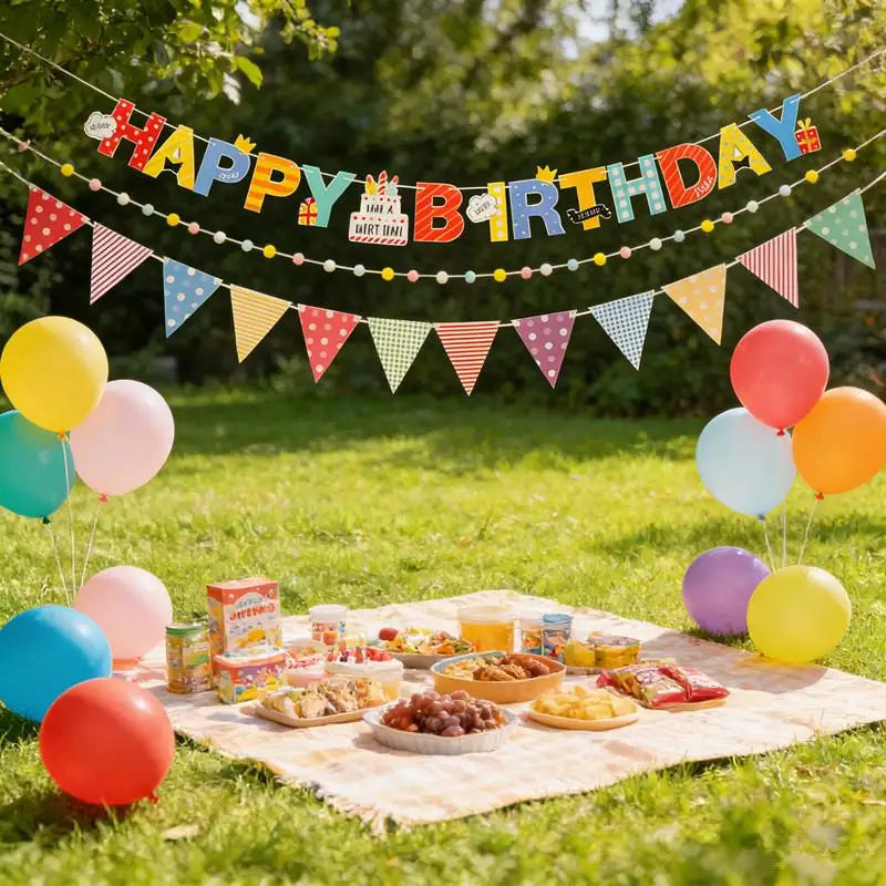 Happy Birthday Banner Set with String Lights & Hanging Flags Party Decoration Set PLUSH