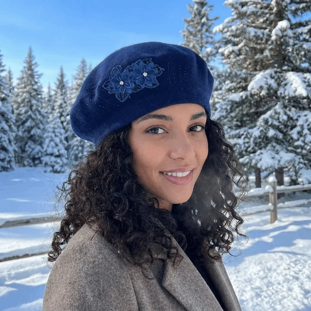Women's French Beret Hat – Rhinestone Flower Cotton Cap Women's Beret Hat PLUSH