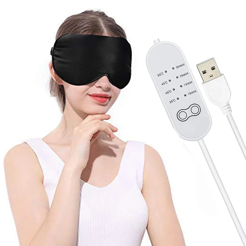 USB Heated Silk Eye Mask – Adjustable Warmth & Timer Control Heated Eye Mask PLUSH BLACK SET