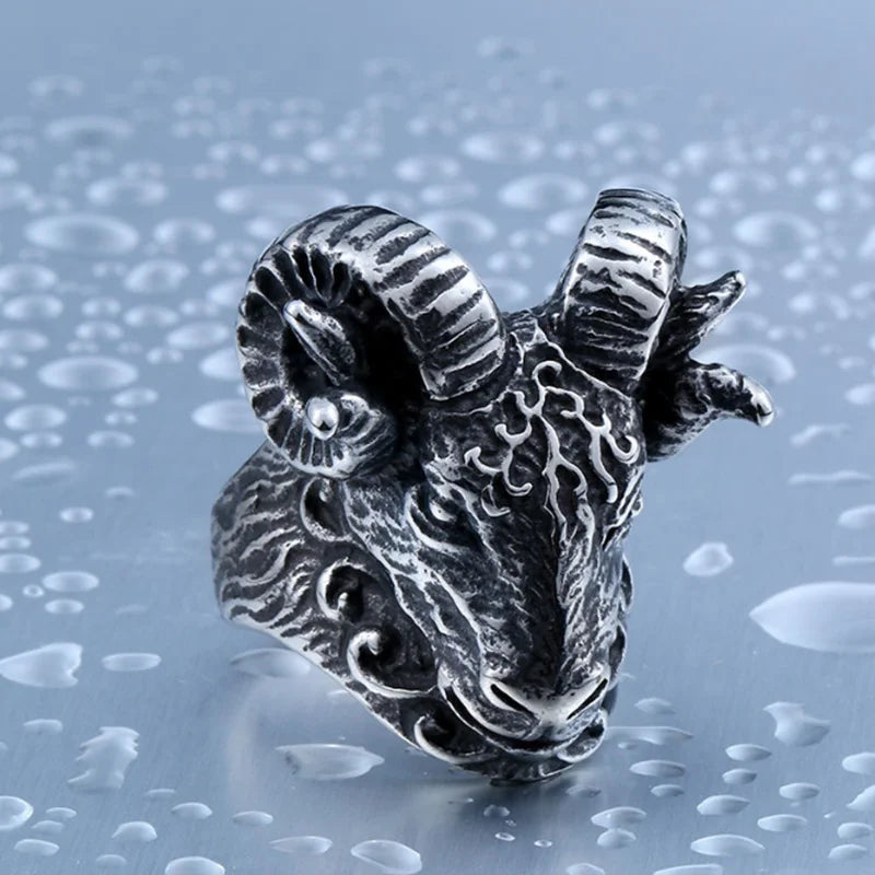 Vintage Aries Goat Head Punk Metal Ring for Men | Silver Men's Fashion Ring PLUSH