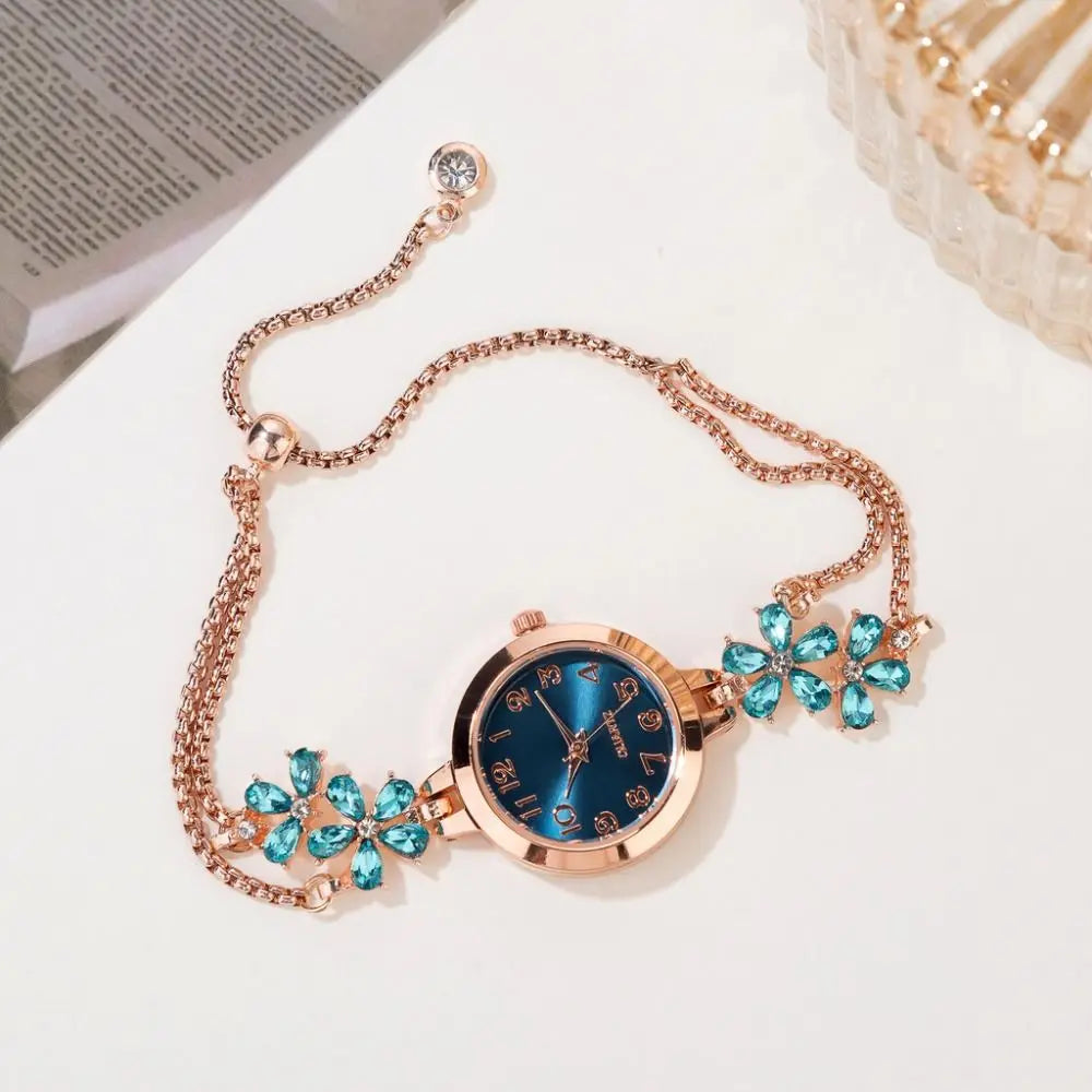 Women's Flower Quartz Bracelet Watch – Double Chain Oval Dial Women's Bracelet Watch PLUSH