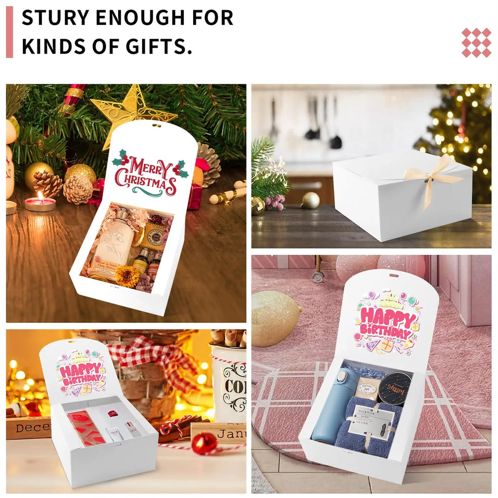 10-Pack White Gift Boxes with Lids & Gold Ribbon | 8x8x4" Gift Boxes Set PLUSH