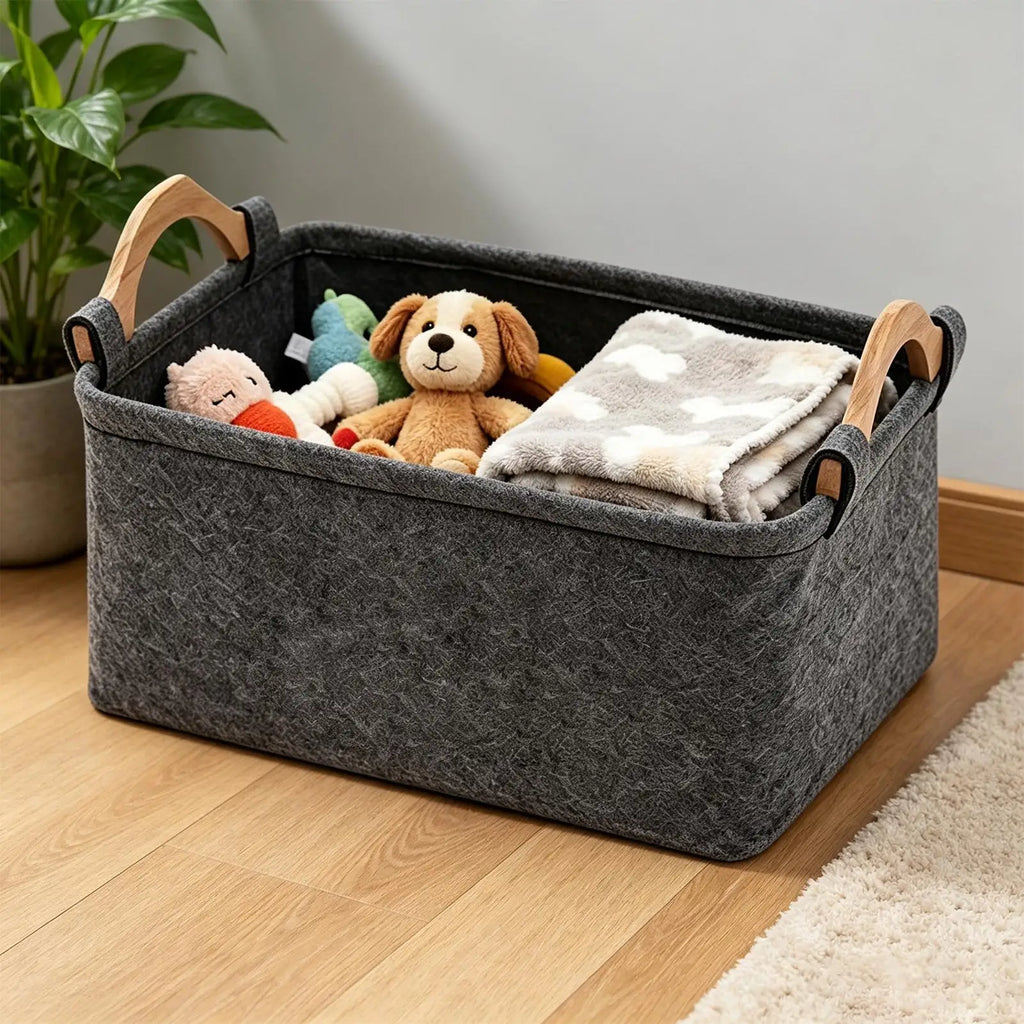 Felt Foldable Storage Basket with Handle – Red Organizer Storage Basket PLUSH