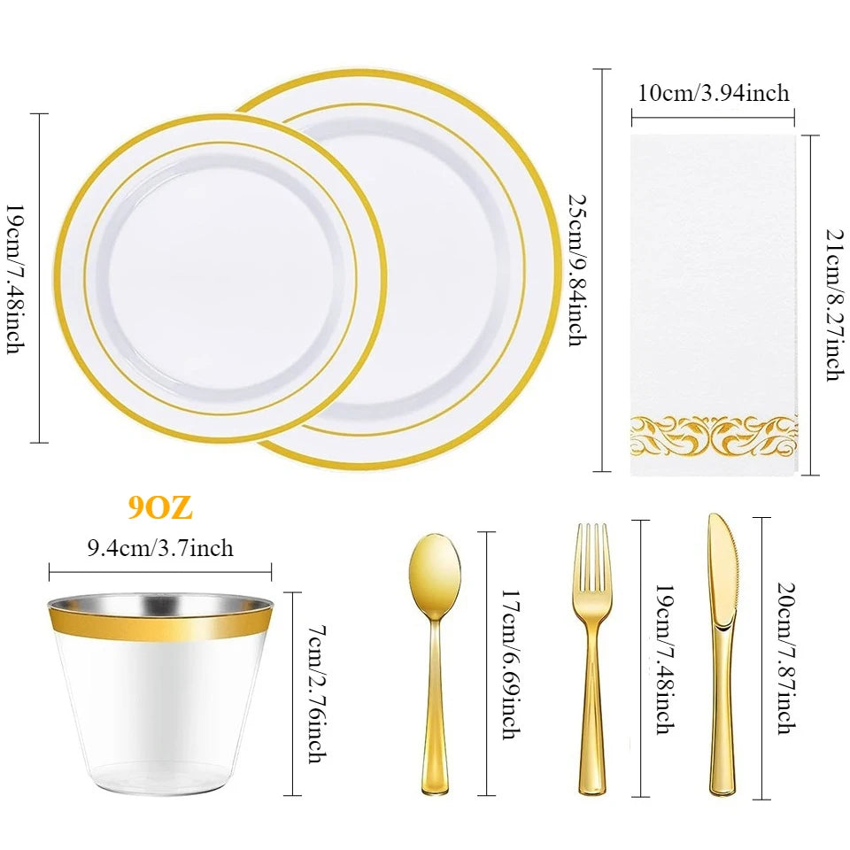 Gold Rim Disposable Dinnerware Set – Plates, Cups & Cutlery Disposable Dinnerware Set PLUSH