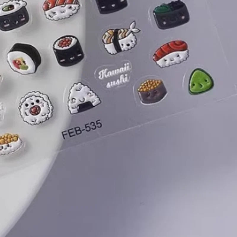 Cute Sushi 3D Embossed Nail Stickers – Waterproof DIY Nail Art 3D Nail Stickers PLUSH