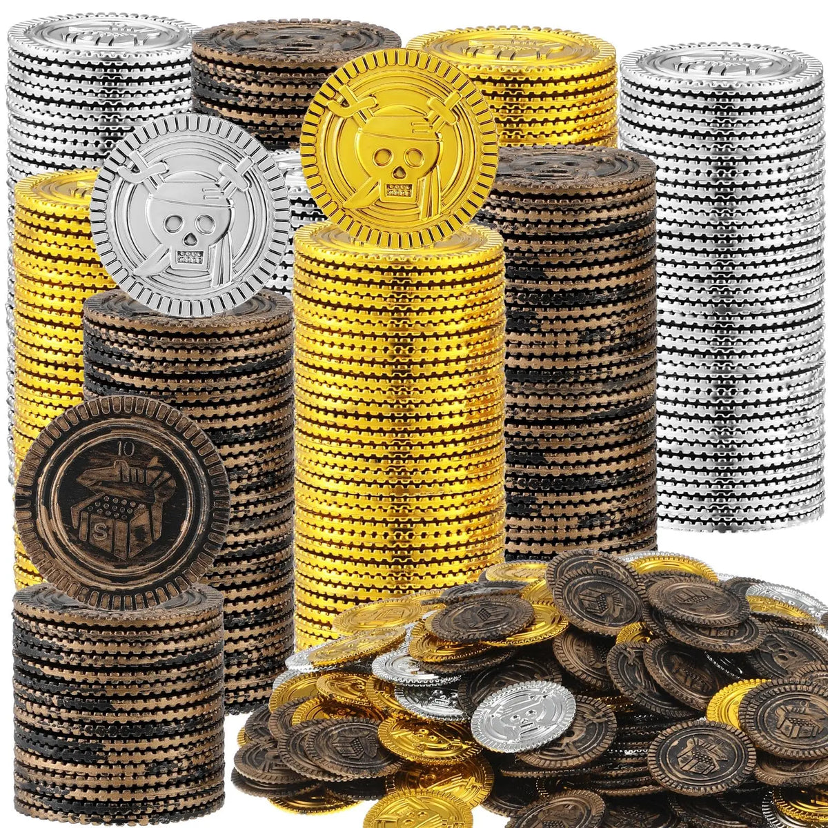 Plastic Pirate Treasure Coins – Gold Silver Bronze Party Toys Toy Party Coins PLUSH