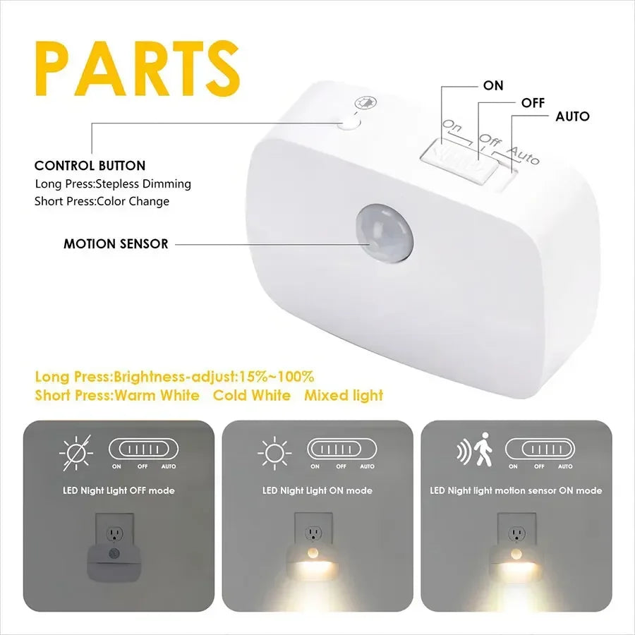 Motion Sensor LED Night Light – 3 Colors, Dimmable Plug-In LED Night Light PLUSH