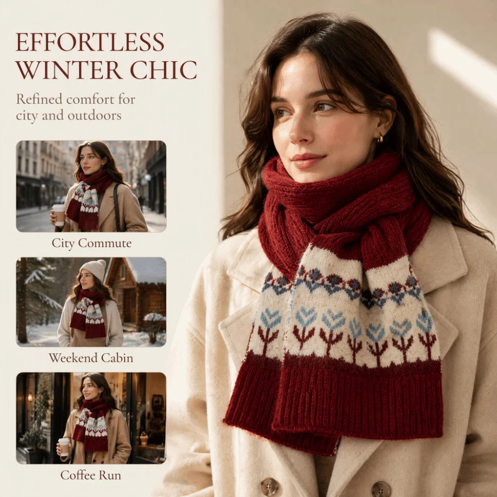 Women's Fair Isle Jacquard Knitted Scarf – Floral Winter Shawl Knitted Winter Scarf PLUSH