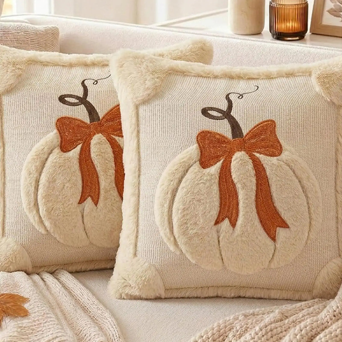 Pumpkin Bow Throw Pillow Cover 45x45cm | Fall Halloween Decor Throw Pillow Cover PLUSH