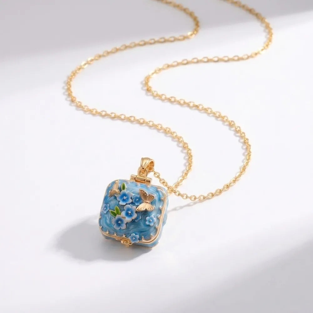 Vintage Square Locket Necklace – Enamel Floral Butterfly Pendant Locket Pendant Necklace PLUSH