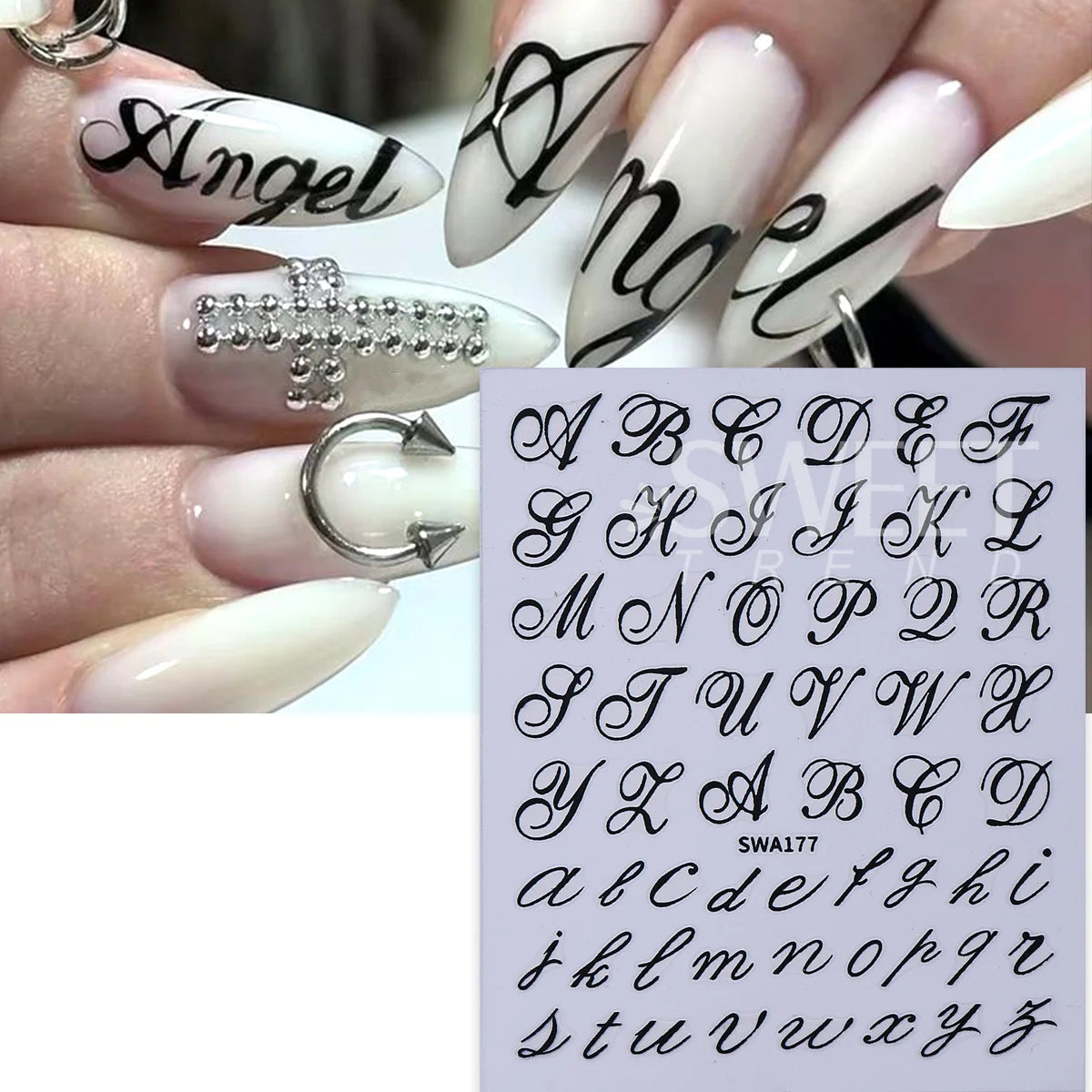 6pcs Gothic Letter Nail Decals – 3D Y2K Roman Alphabet Stickers Nail Art Stickers PLUSH