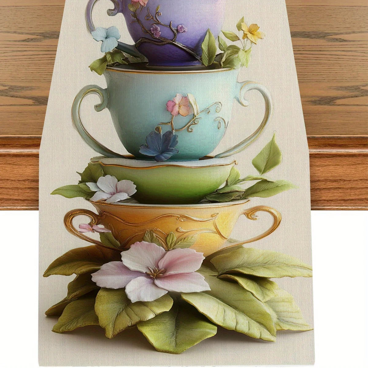 Teacup & Bird Table Runner – Artistic Home Décor Fabric Decorative Table Runner PLUSH A 33X275Cm