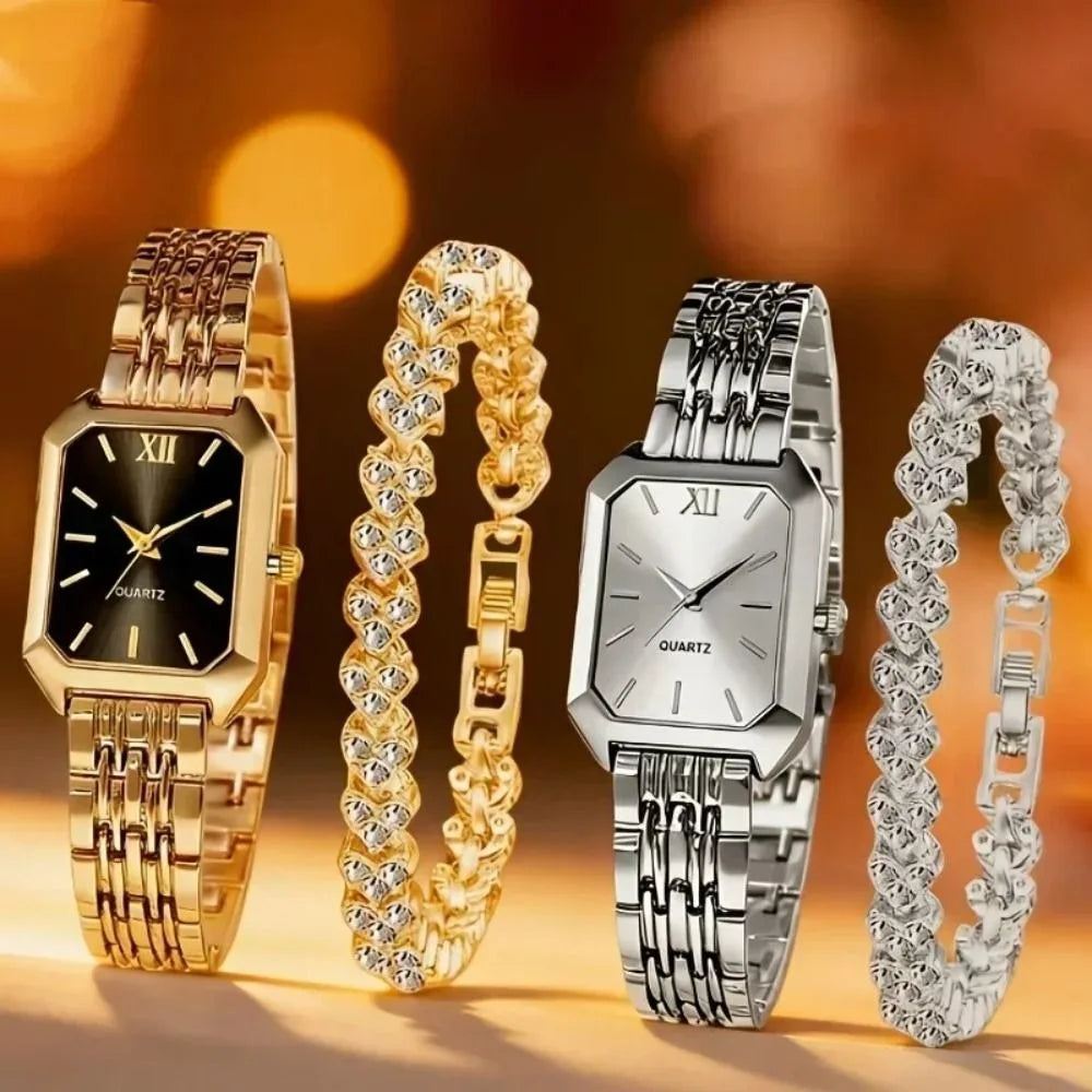 Women's Quartz Watch & Rhinestone Bracelet Set | Rectangle Dial Watch & Bracelet Set PLUSH