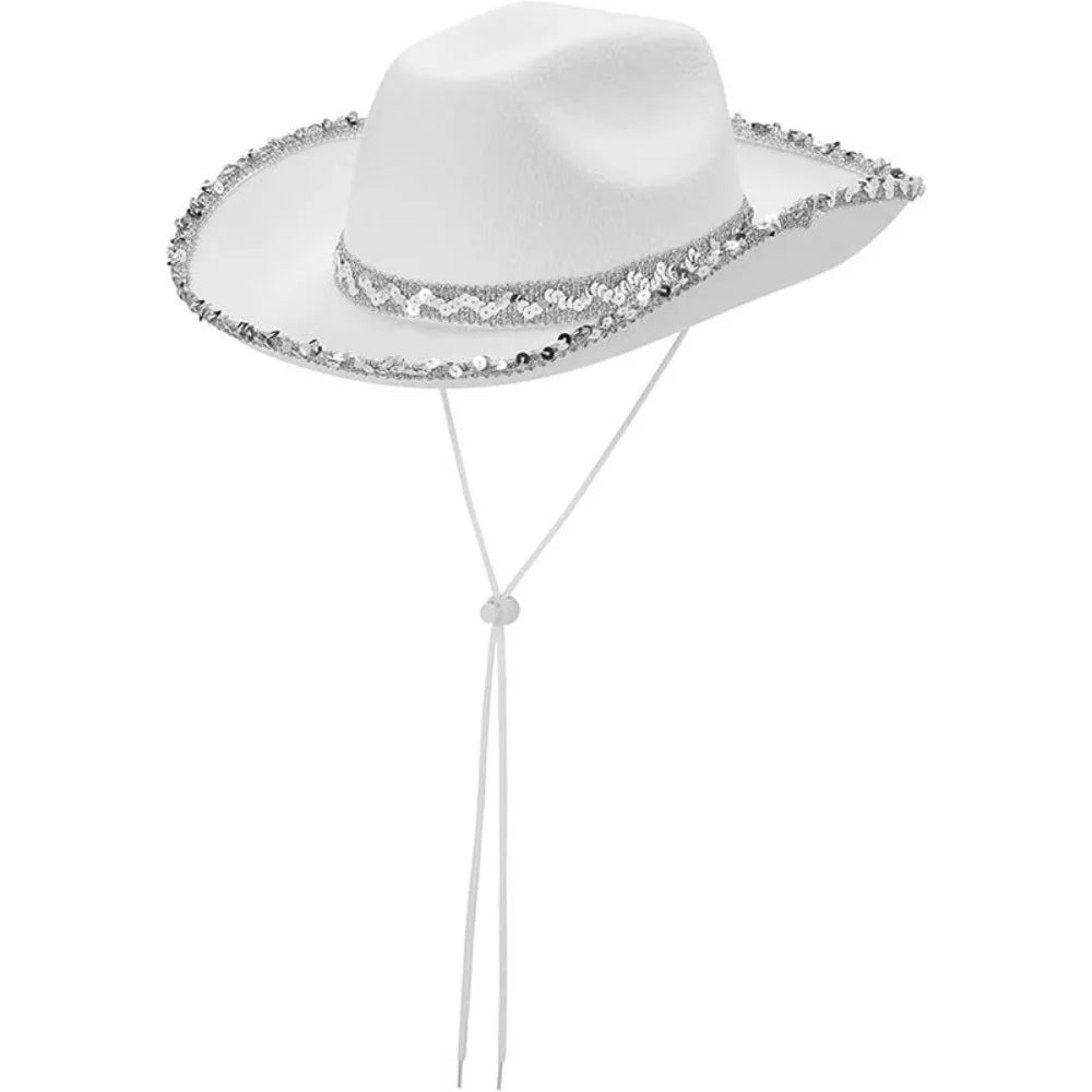 Wide Brim Sequin Cowgirl Hat – Furry Trim Western Style Western Cowgirl Hat PLUSH Style A White