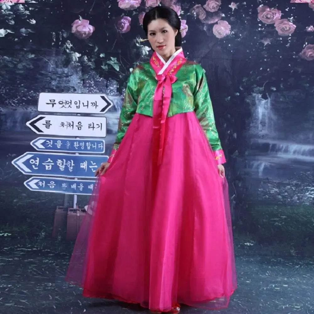 Women's Traditional Korean Hanbok Dress – Multicolor Stage Costume Traditional Costume Dress PLUSH green-rose pink M