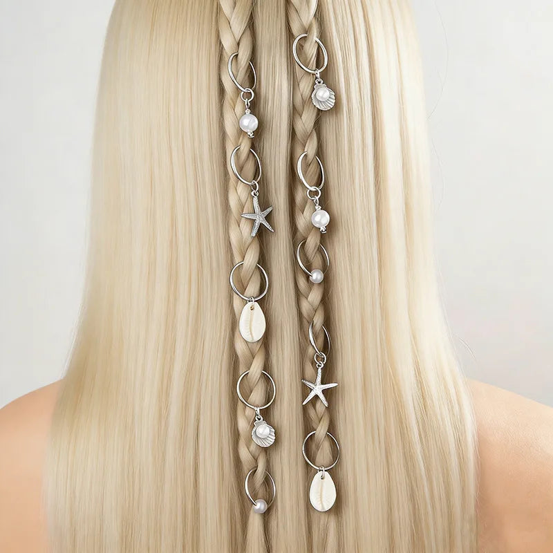 10pcs Sea Shell Braided Hair Rings – Bohemian Hair Clips Hair Rings Set PLUSH Silver 10Pcs