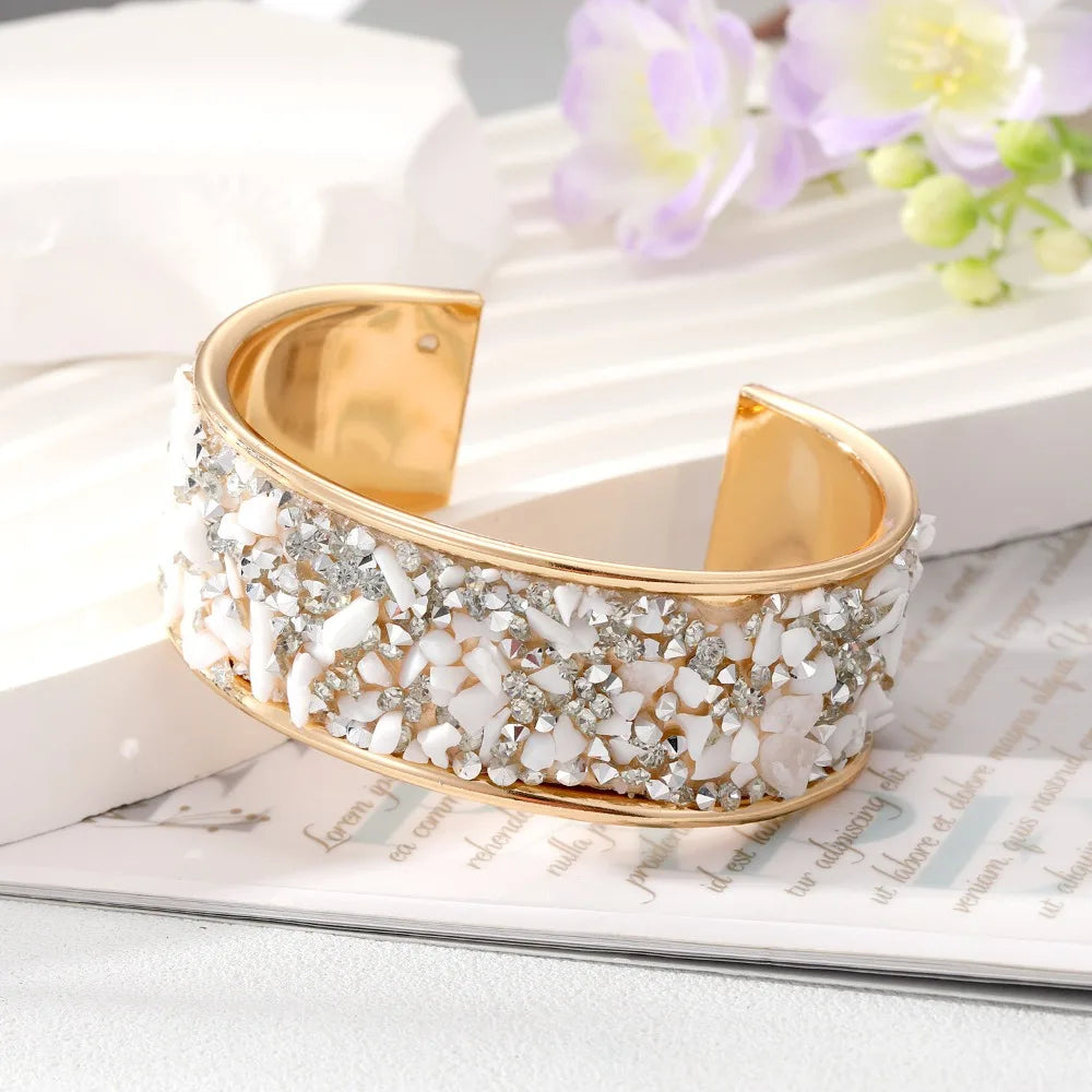 Bohemian Wide Open Cuff Bangle – Rhinestone Stone Bracelet Cuff Bangle Bracelet PLUSH White