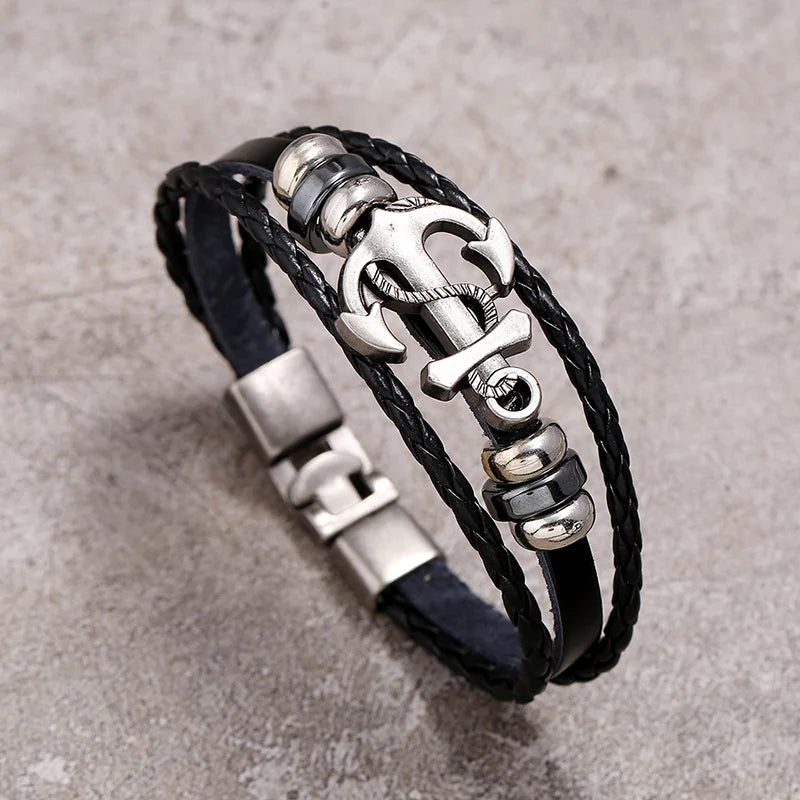 Vintage Anchor Braided Leather Bracelet for Men | CHROMSTICA Leather Charm Bracelet PLUSH