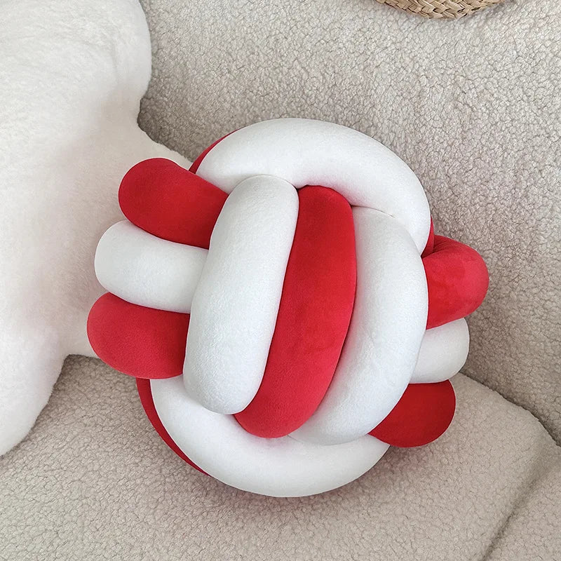 Handmade Dual-Tone Knotted Ball Pillow – Soft Fluffy Cushion Decorative Cushion PLUSH white and red 22x22cm