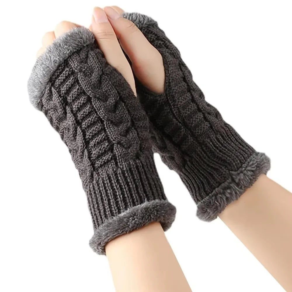Vintage Knit Fingerless Gloves Faux Fur – Women's Winter Gloves Fingerless Knit Gloves PLUSH Dark Grey