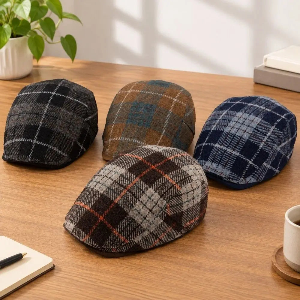 Woolen Plaid Beret Hat – Checkered Duckbill Flat Cap Beret Flat Cap PLUSH