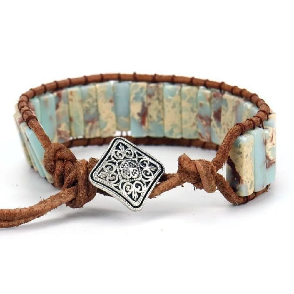 Rainbow Stone Beaded Bracelet – Boho Woven Adjustable Bangle Charm Bracelet PLUSH Grey