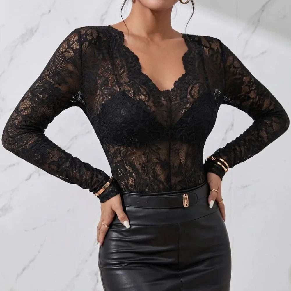 Women's V-Neck Sheer Lace Long Sleeve Slim Crop Top Blouse Lace Crop Blouse PLUSH
