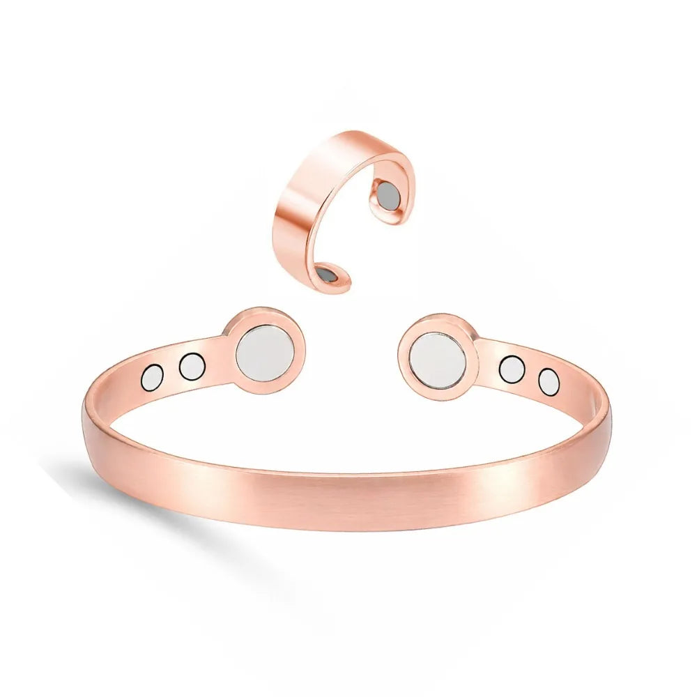 Retro Magnetic Cuff Bracelet & Ring Set – Unisex Alloy Bangle Cuff Bracelet Set PLUSH RoseGold Bangle Ring