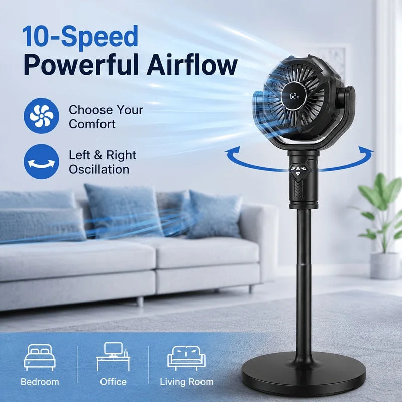 Rechargeable Standing Fan – 10-Speed Oscillating, Remote Control Rechargeable Floor Fan PLUSH