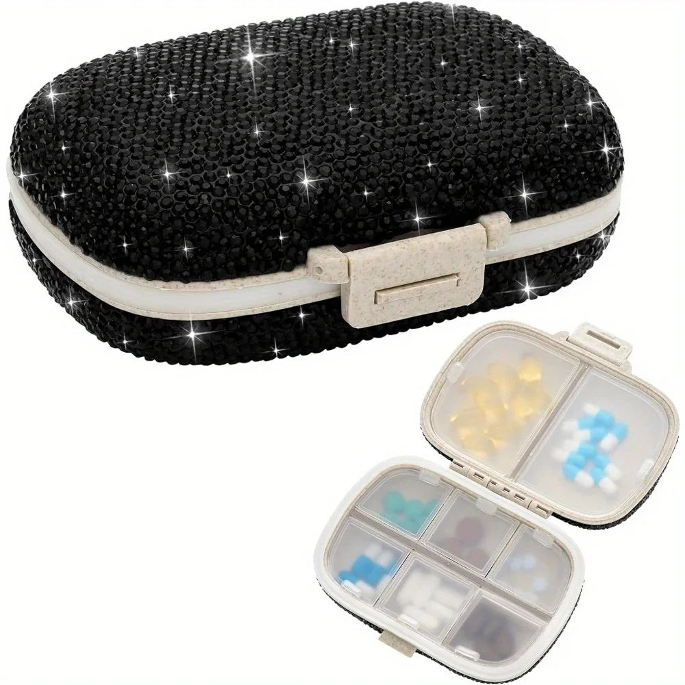 Bling Rhinestone Pill Organizer – 8-Compartment Travel Pill Box Pill Organizer PLUSH Black