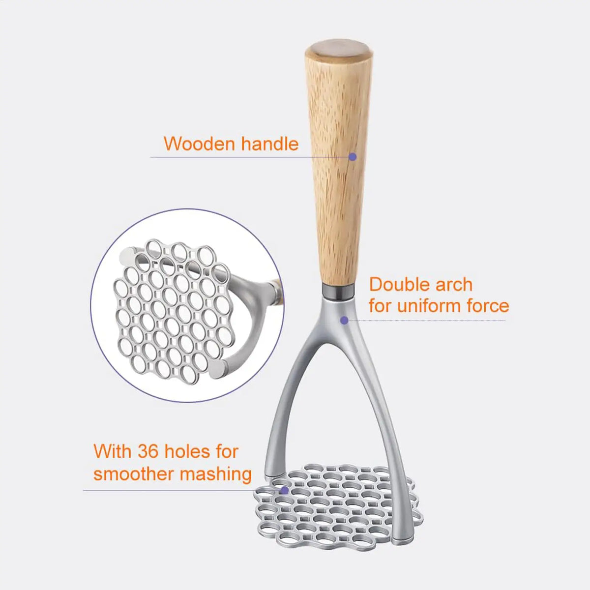 Potato Masher Wooden Handle – Aluminum Kitchen Food Masher Kitchen Food Masher PLUSH