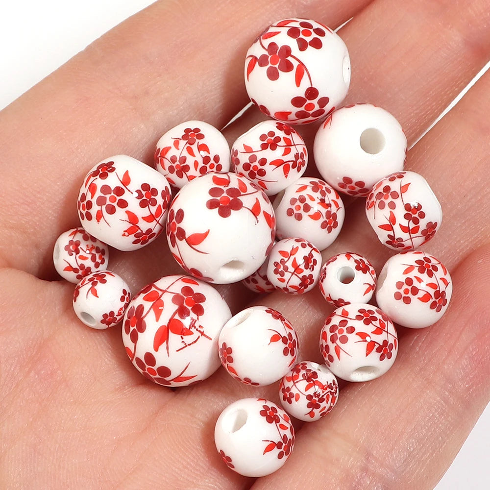 Jingdezhen Ceramic Red Floral Spacer Beads 6–12mm | DIY Jewelry Ceramic Spacer Beads PLUSH