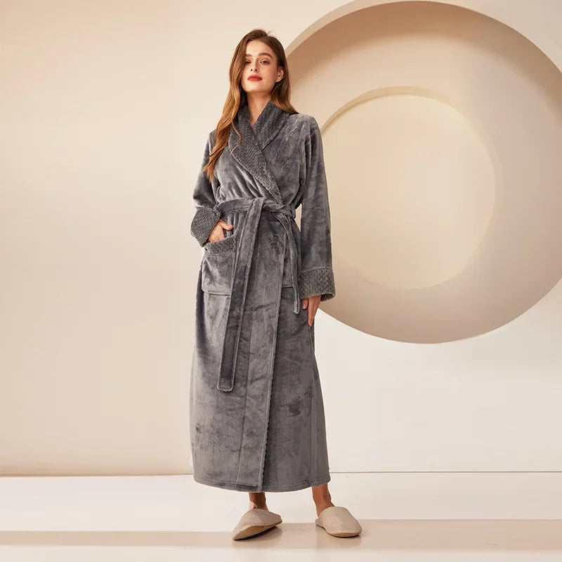 Plush Coral Velvet Bathrobe – Thick Long Robe Men & Women Plush Bathrobe PLUSH Grey women style M