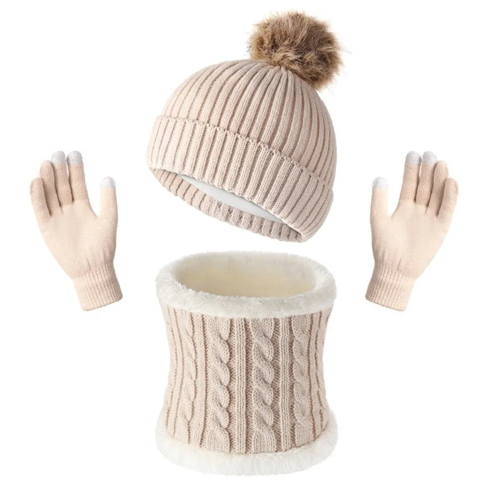 Women's Winter Knit Beanie Hat Scarf & Gloves Set | Pompom Winter Accessory Set PLUSH Beige