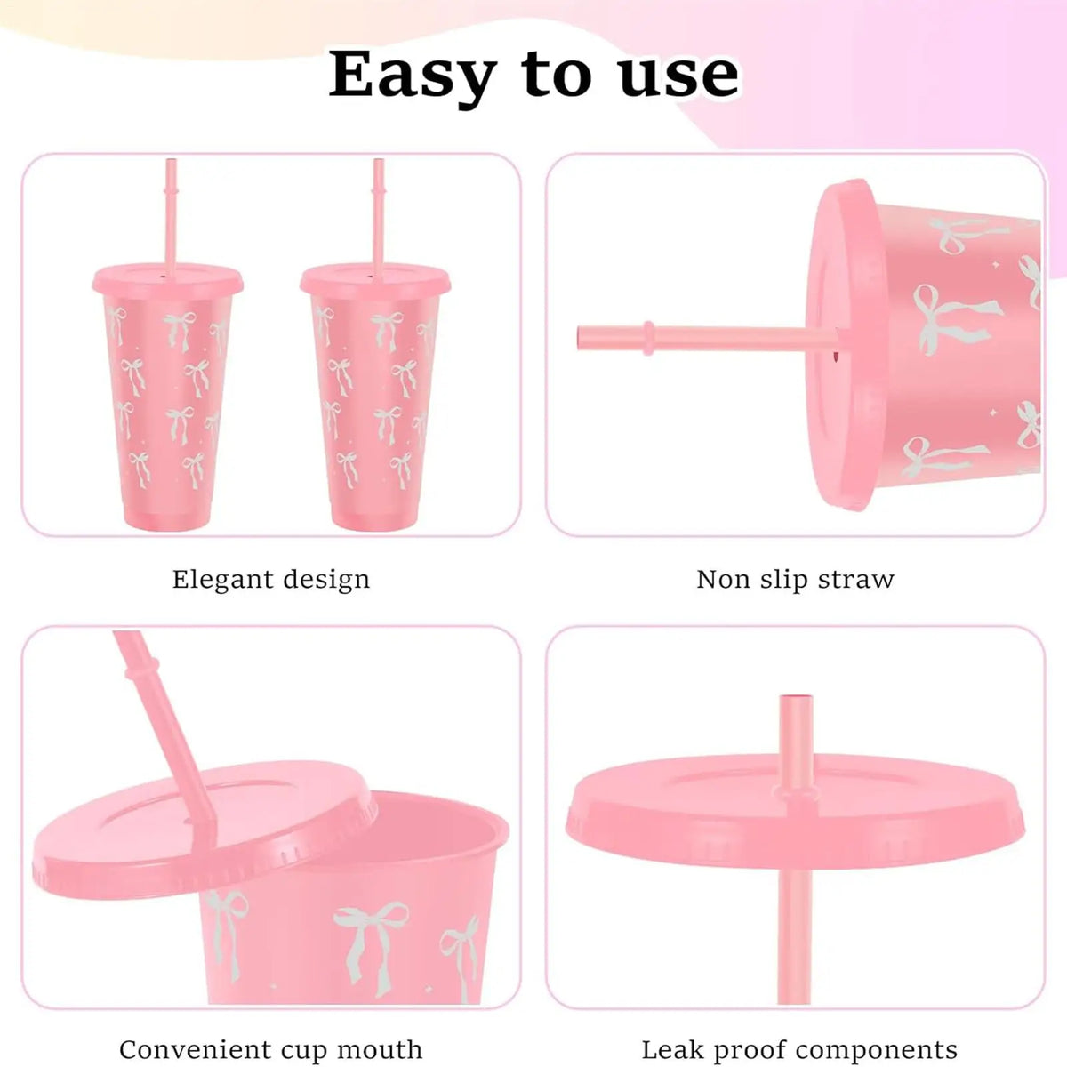 12-Pack Bow Tumbler Cups with Straw & Lid – 24oz Reusable Tumbler Cup Set PLUSH