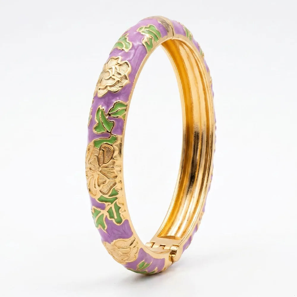 Flower Enamel Wide Bangle Bracelet – Colorful Women's Cuff Enamel Bangle Bracelet PLUSH Purple