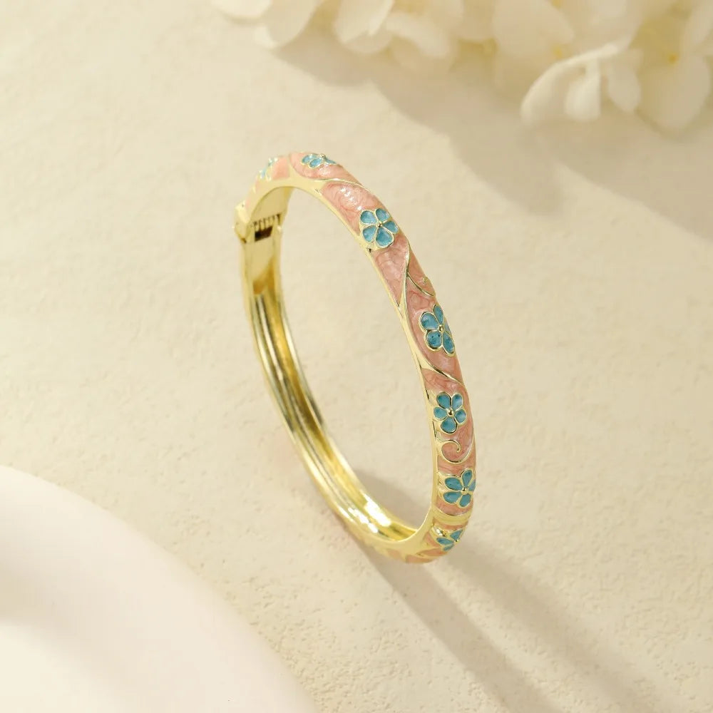 Cloisonné Enamel Floral Bangle – Vintage Ethnic Bracelet Enamel Bangle PLUSH orange and blue