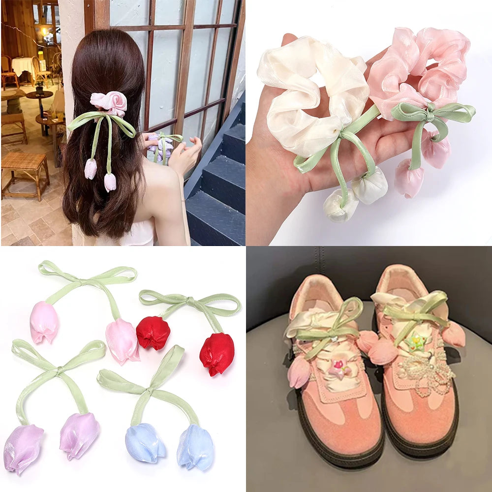 5pcs Tulip Fabric Flower Ribbons – DIY Bag Hat Clothes Decor Fabric Flower Trim PLUSH