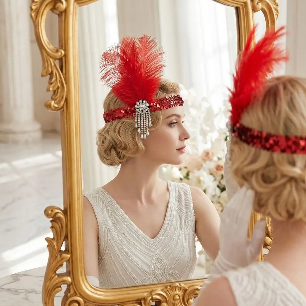 Vintage 1920s Feather Headband – Sequin Rhinestone Headpiece Feather Headband PLUSH