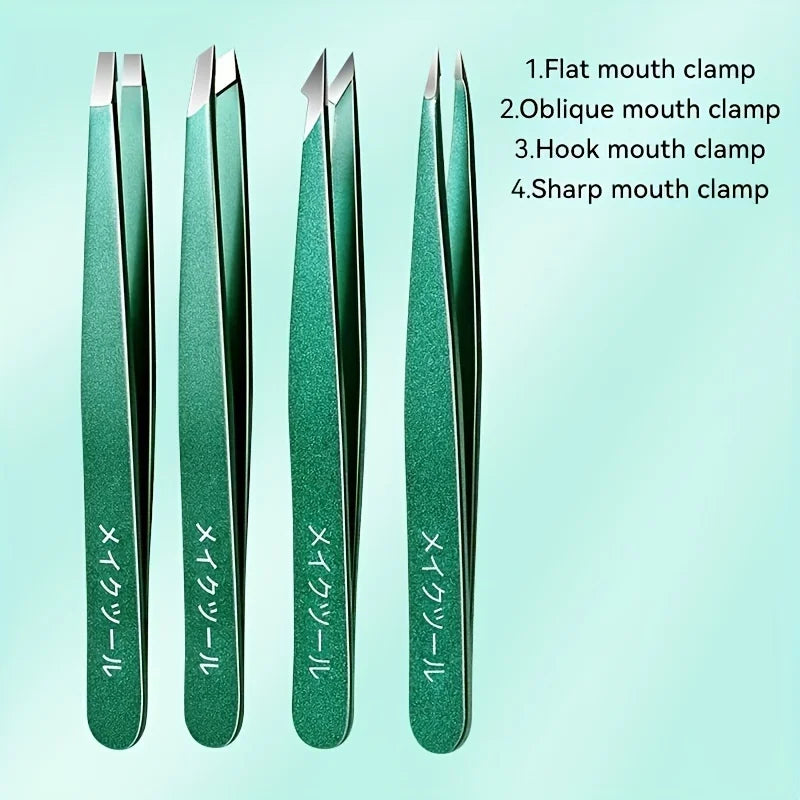 4-Piece Precision Stainless Steel Tweezers Set – Brow & Facial Precision Tweezers Set PLUSH Green