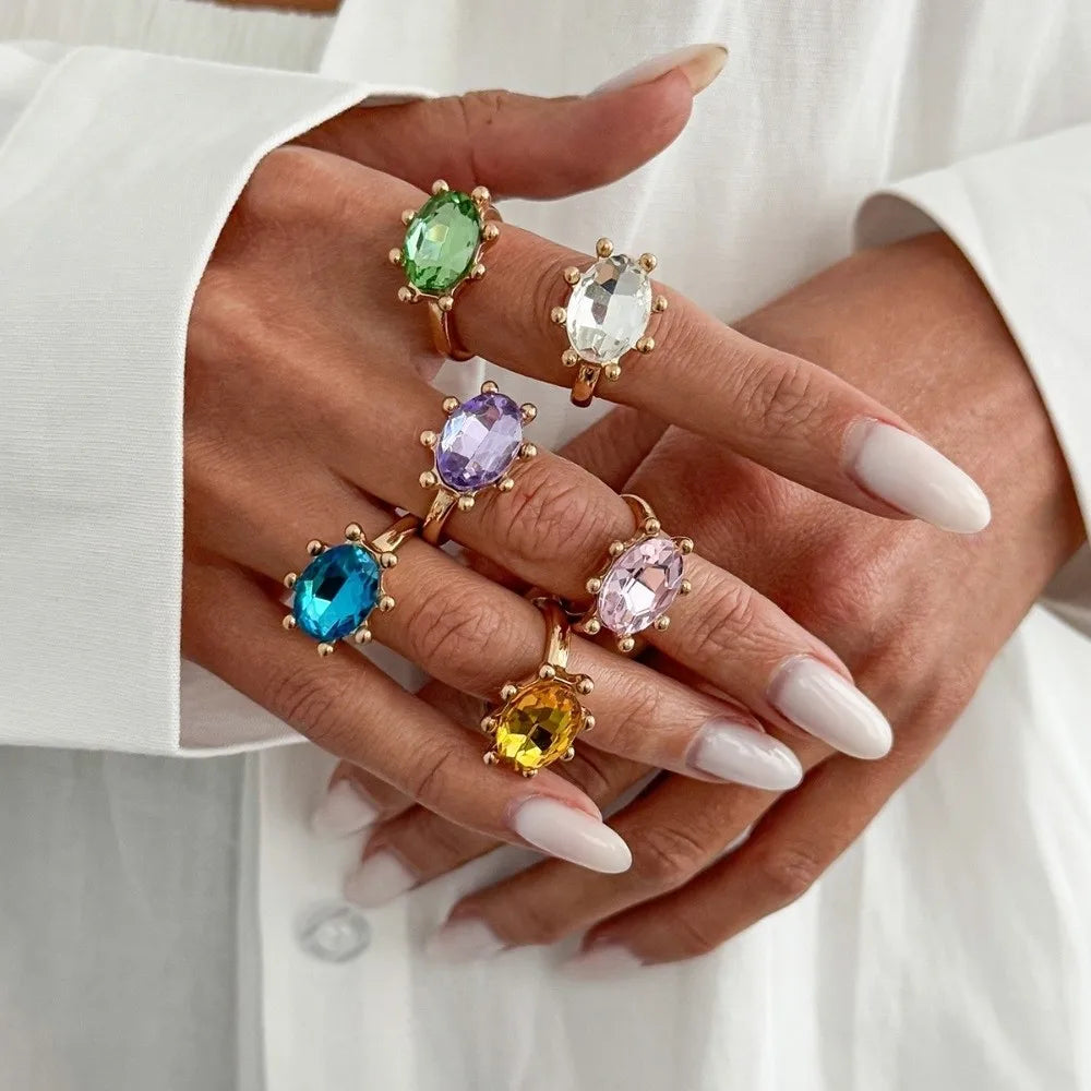 Multicolor Oval Rhinestone Stackable Ring – Candy Color Statement Rhinestone Statement Ring PLUSH