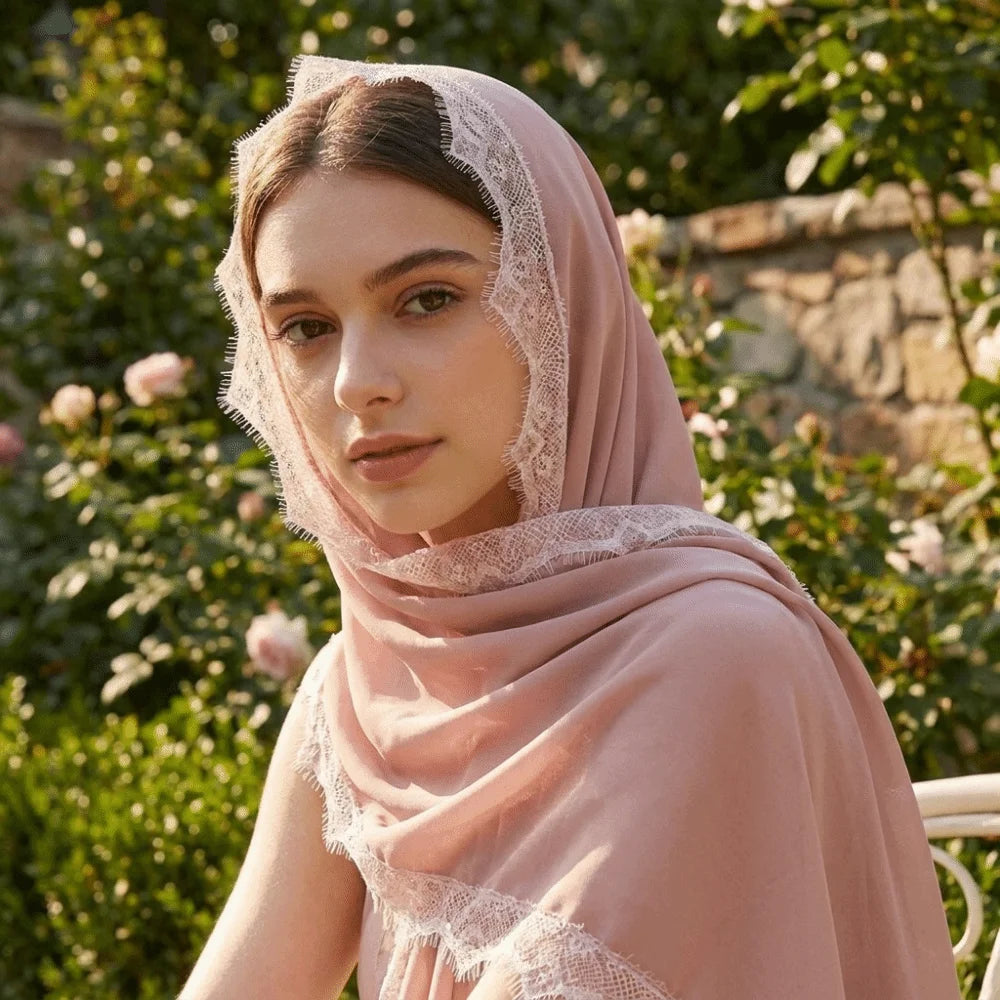 Women's Chiffon Hijab Scarf – Soft Lace Trim Long Shawl Wrap Hijab Head Scarf PLUSH
