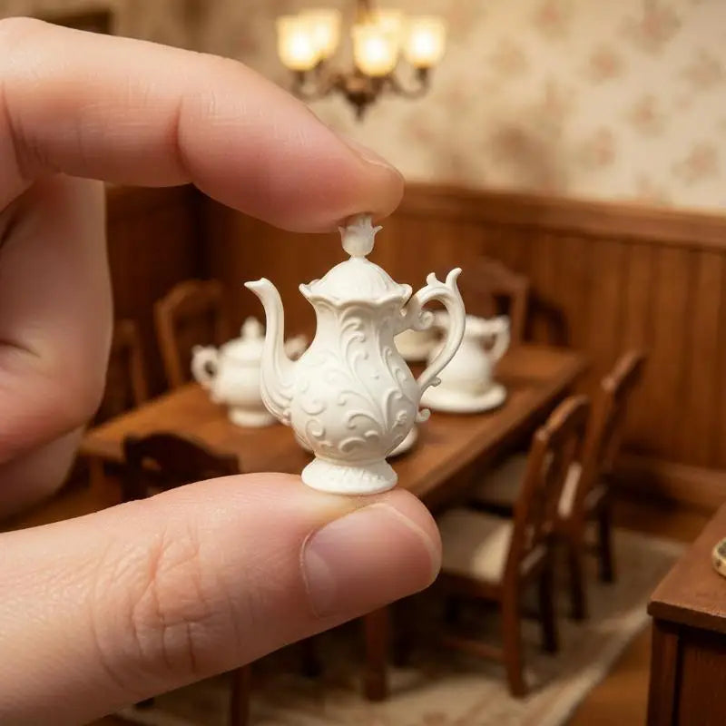 Miniature Dollhouse Teapot Tea Cup Set – Flower Relief Decor Dollhouse Accessory Set PLUSH